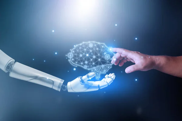 Machine Learning Hands Robot Human Touching Brain Science Artificial Intelligence — Stock Photo, Image
