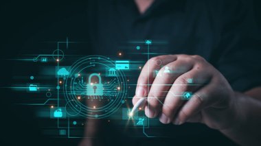 Siber güvenlik konsepti, kullanıcı gizliliği güvenliği ve şifreleme, güvenli internet erişimi gelecek teknolojisi ve sibernetik, ekran kilidi. İnternet ağı veri koruması, bilgisayar korsanı, siber suç