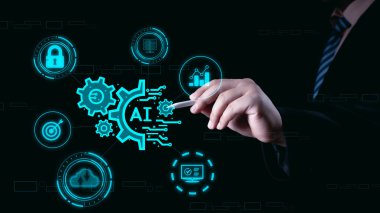 Yapay zeka teknolojisi, yapay zeka. Teknoloji ürünü akıllı robot yapay zeka kullanan bir adam, komut girerek bir şey üretiyor, fütüristik teknoloji dönüşümü. Al ile sohbet et.