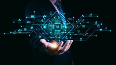 Yapay zeka teknolojisi, yapay zeka. Teknoloji ürünü akıllı robot yapay zeka kullanan bir adam, komut girerek bir şey üretiyor, fütüristik teknoloji dönüşümü. Al ile sohbet et.