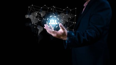 Customer Relationship Management, Businessman use computer with global structure customer network technology, Data exchanges development. customer service, social media. digital marketing online