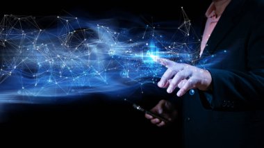 İş konseptiyle el ele tutuşan hologram projeksiyonu