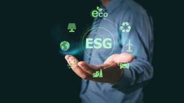 ESG ikonu yeşil toprak konseptine sahip bir iş adamı çevre toplumu ve dünya sürdürülebilir çevre konsepti, yeşil iş dünyası doğal ortamı. Dünyayı kurtar.