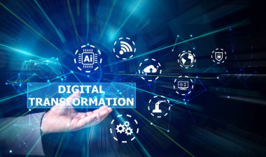 İş adamı eli, dijital dönüşüme dokunuyor. Siyah arka planda yeni nesil teknoloji çağı için kavramsal. Metaverse kavramı ve yenilik çağı, İnternet ve ağ kavramı.