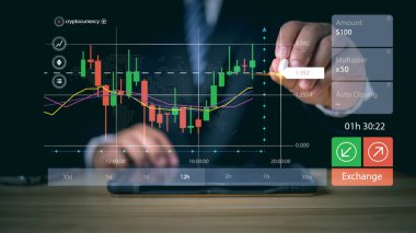 İşadamları yatırımcısı finansal veri alım satım grafiklerini analiz eder; borsalara yatırım yapar; fonlar ve dijital varlıklar; işletme finans teknolojisi ve yatırım kavramı. Ticaret; bütçe.
