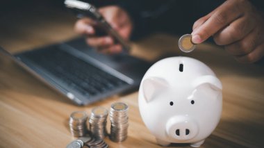 İş adamı ve domuz kumbarası, aile için para biriktirme, para yatırma, alışveriş, satın alma, satış, seyahat konsepti. Kredi, Finansal, tasarruf ve iş.