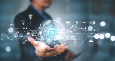 İş adamı, teknoloji yapay zekasını araç olarak kullanıyor. AI ile robot sohbeti, akıllı robot yapay zeka, yapay zeka kullanarak bir şeyler üretmek ya da iş problemlerini çözmeye yardım etmek..