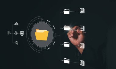 Belge Yönetim Sistemi (DMS), çevrimiçi belge veritabanı ve ERP ile birlikte şirketteki dosyaları, bilgileri ve belgeleri verimli bir şekilde yönetmek için işlem otomasyonu. Şirket iş teknolojisi.