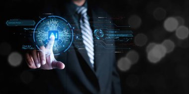 AI sohbet robotları iletişim ve akıllı çözüm fikri, Yapay Zeka, komut kullanan adam bir şey üretmek için komut kullanma, gelecekçi teknoloji dönüşümü ile iş adamlarına soru cevap.