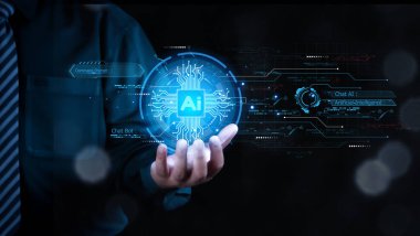 AI sohbet robotları iletişim ve akıllı çözüm fikri, Yapay Zeka, komut kullanan adam bir şey üretmek için komut kullanma, gelecekçi teknoloji dönüşümü ile iş adamlarına soru cevap.
