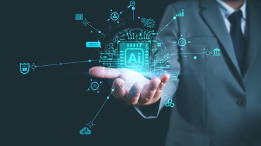 Yapay zeka teknolojisi, yapay zeka. Teknoloji ürünü akıllı robot yapay zeka kullanan bir adam, komut girerek bir şey üretiyor, fütüristik teknoloji dönüşümü. Al ile sohbet et.