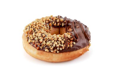Donut ya da Donut, kırpma yolu olan beyaz arka planda izole edilmiş iki çörek ya da çikolatalı kremalı donut ya da şekersiz krema. Doğum gününde tatlı, tatil partisi..