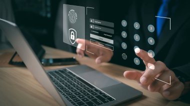 Siber güvenlik teknolojisi dijital bilgi, siber güvenlik internetini kilitle, saldırıları bir hackerdan koru. Çevrimiçi bir sistemde şifre gizlilik kavramı, suçtan korunan veriler, virüs siberi.