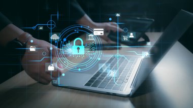 Siber güvenlik teknolojisi dijital bilgi, siber güvenlik internetini kilitle, saldırıları bir hackerdan koru. Çevrimiçi bir sistemde şifre gizlilik kavramı, suçtan korunan veriler, virüs siberi.