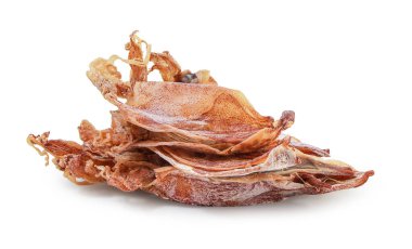 Beyaz arka planda kurutulmuş mürekkep balığı, kurutulmuş mürekkep balığı ya da ahtapot ya da güneşte kızartılmış ya da malzemeye dönüştürülüp yemekle pişirilmiş. Bir grup hayvan ve denizci, kesme yolu..