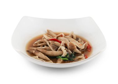 Termit mantarı körisi beyaz tabakta izole edilmiş kesme yolu Teratophilia, Termitomyces fuliginosus Heim, yenilebilir Tayland mantarı..