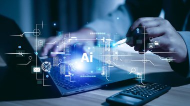 Technology and people concept man use AI to help work, AI Learning and Artificial Intelligence Concept. Business, modern technology, internet and networking concept. AI technology in everyday life.