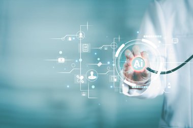 Tıbbi teknoloji, online sağlık ağı, teletıp konsepti. Tıbbi teknolojiyle steteskop tutan doktor internet ağ bağlantısı, sağlık ve tıp, hastane geçmişi