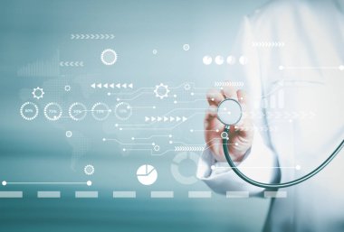 Tıbbi teknoloji, online sağlık ağı, teletıp konsepti. Tıbbi teknolojiyle steteskop tutan doktor internet ağ bağlantısı, sağlık ve tıp, hastane geçmişi