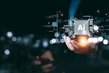 Technology and people concept man use AI to help work, AI Learning and Artificial Intelligence Concept. Business, modern technology, internet and networking concept. AI technology in everyday life.