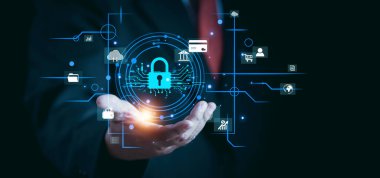 Siber güvenlik teknolojisi dijital bilgi, siber güvenlik internetini kilitle, saldırıları bir hackerdan koru. Çevrimiçi bir sistemde şifre gizlilik kavramı, suçtan korunan veriler, virüs siberi.