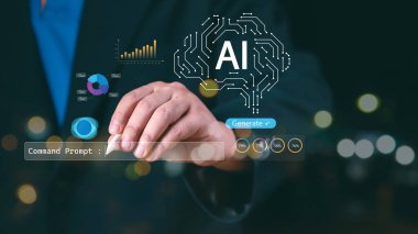 İş adamı otomatik veri analizi için yapay zeka teknolojisini kullanıyor ve komut iletisi ile görselleştiriyor. Yapay zeka asistanı, akıllı iş analizi ve gelecekteki veri güdümlü yenilik kavramı.