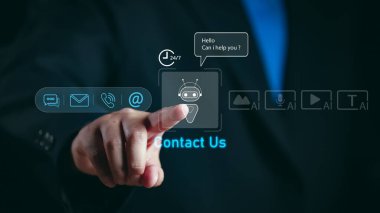 Yapay zeka sohbet robotu desteği ve gelecekteki iletişim simgeleriyle 7 / 24 sanal asistan konsepti, müşteri hizmetleri otomasyonunu temsil eden, çevrimiçi yardım masası, canlı sohbet desteği ve dijital iletişim araçları..