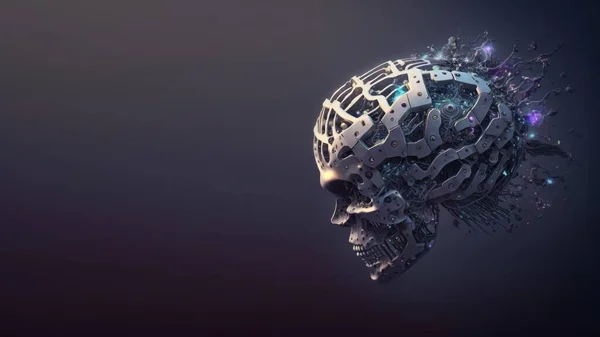 Robotic human brain and skull with the detailed circuits. Concept art of artificial intelligence. Copy space to the side.