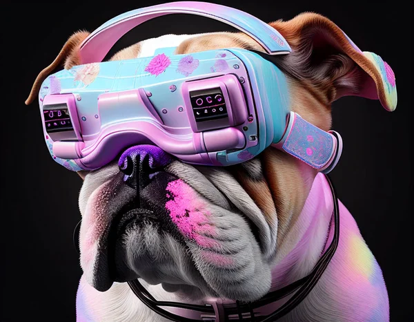 Fashionable bulldog wearing a VR headset in fairy kei style.