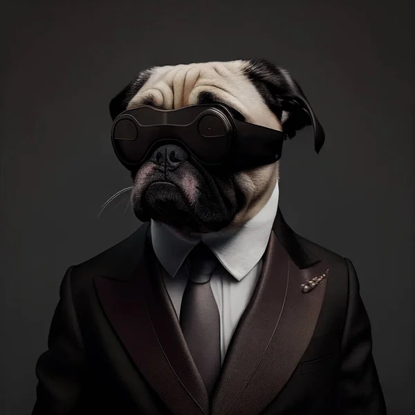 Fashionable pug dog with black suit jacket wearing a modernized VR headset.