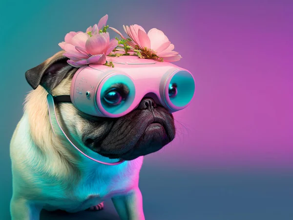 Fashionable pug dog wearing a VR headset and experiencing the virtual reality simulation, metaverse and cyberspace. Decorated with flowers.