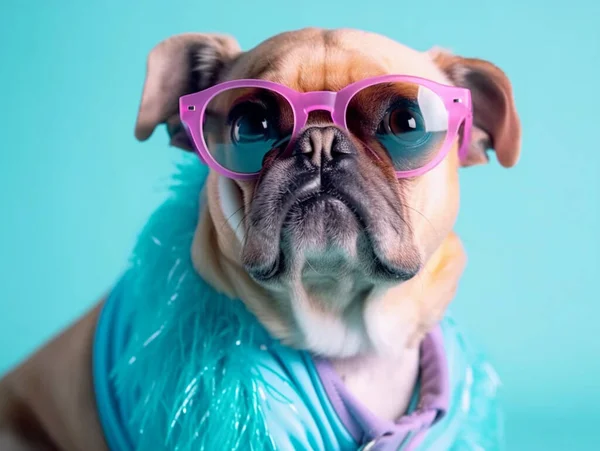 Portrait of a pug dog with the fashionable dressing, wearing sunglasses