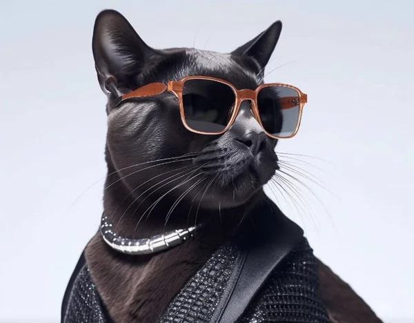 Portrait of a black cat with the fashionable dressing, wearing sunglasses