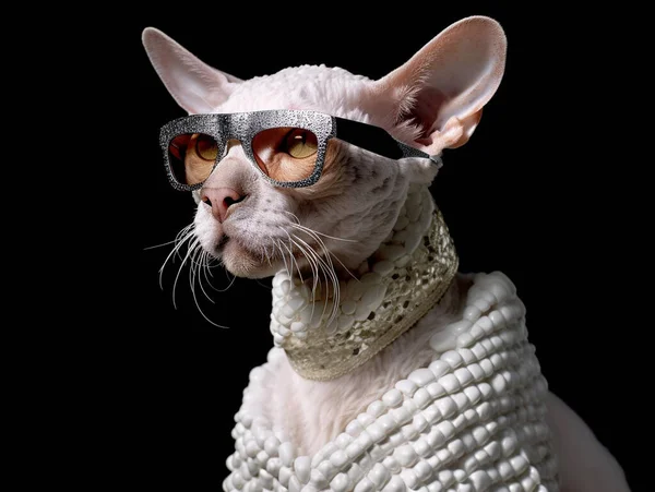 Portrait of a cornish rex cat with the fashionable dressing, wearing sunglasses