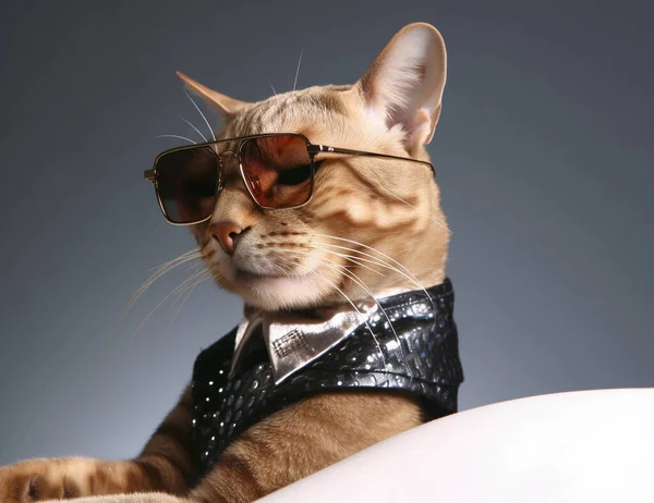 Portrait of a cat with the fashionable dressing, wearing sunglasses