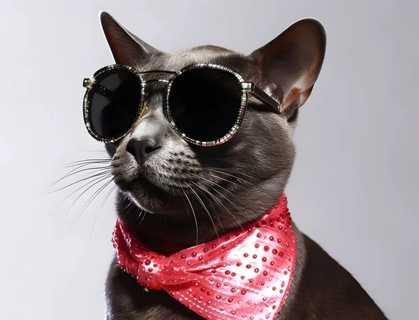Portrait of a black cat with the fashionable dressing, wearing sunglasses