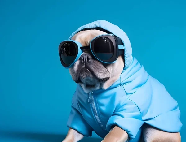 Portrait of a pug dog with the fashionable dressing, wearing eyeglasses