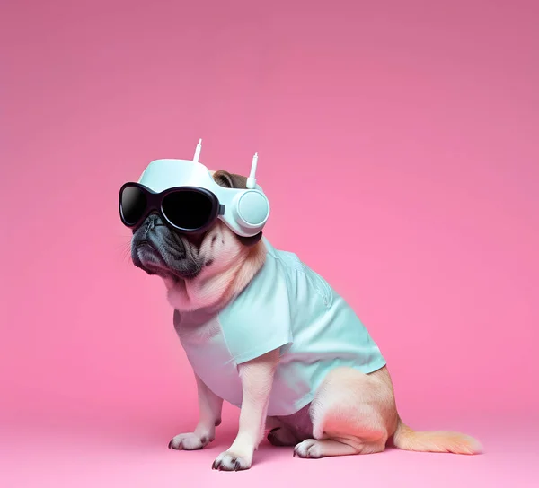 Fashionable and stylish Pug dog wearing a VR glasses