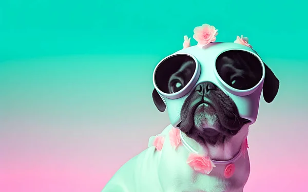 Fashionable Pug dog with flowers wearing a VR glasses