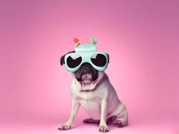 Fashionable Pug dog with flowers wearing a VR glasses