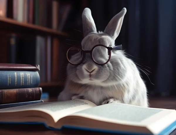 Cute rabbit with eyeglasses and book about the bedtime stories.