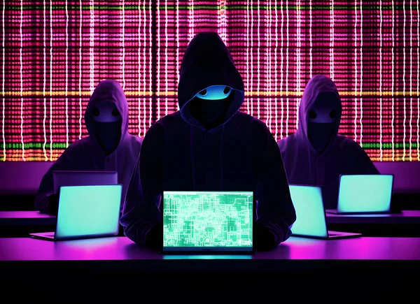 Faceless hacker at work with ROOTKIT VIRUS inscription, Computer