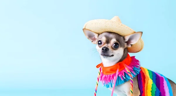 Adorable chihuahua dog with mexican sombrero hat. Cinco De Mayo fashion. Blank space to the side.