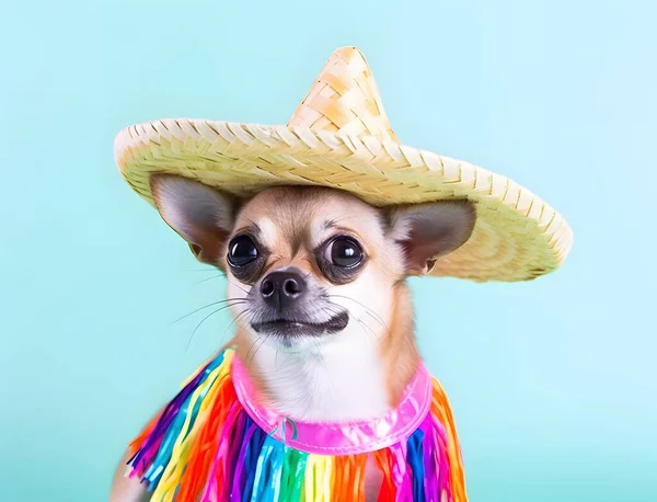 Adorable chihuahua dog with mexican sombrero hat. Cinco De Mayo fashion.
