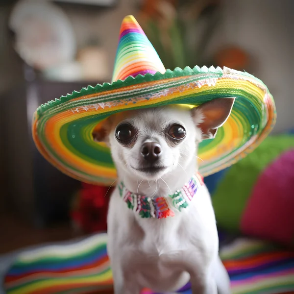 Adorable chihuahua pet dog with mexican sombrero hat. Happy Cinco De Mayo fashion.