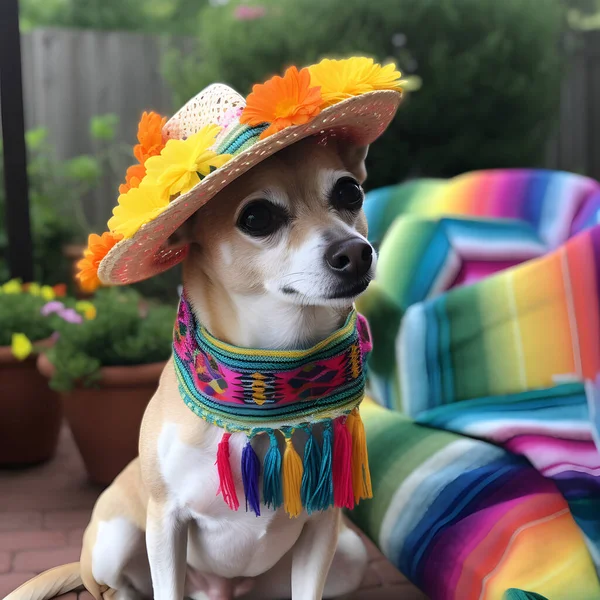Adorable chihuahua pet dog with mexican sombrero hat. Happy Cinco De Mayo fashion.