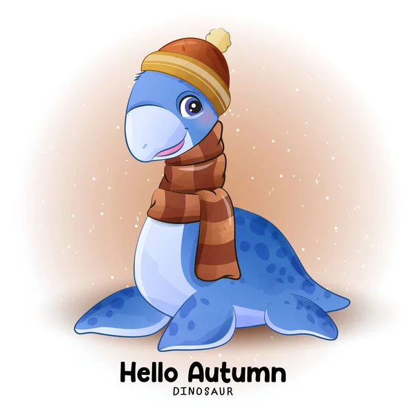 Adoráveis Dinossauros Outono Com Ilustração Aquarela — Vetor de Stock