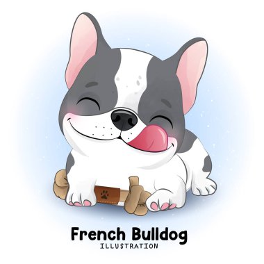 Suluboya resimli şirin Fransız Bulldog 'u
