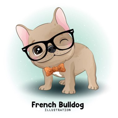 Suluboya resimli şirin Fransız Bulldog 'u