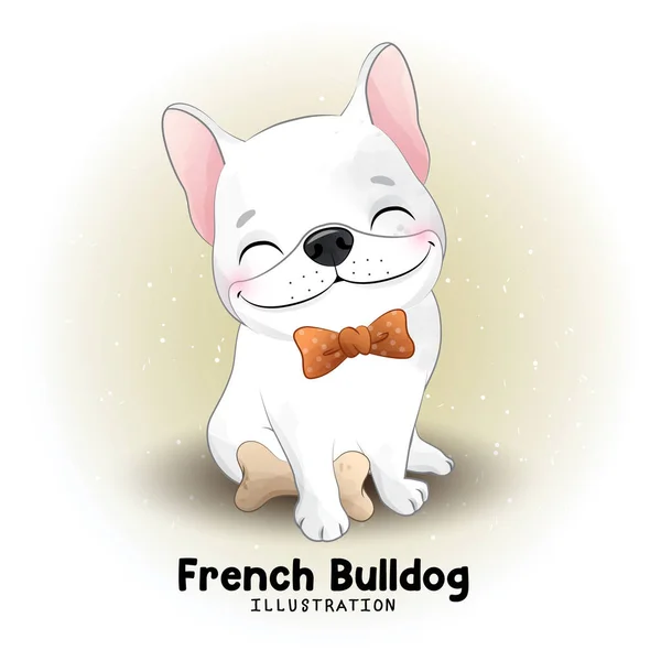 Carino Bulldog Francese Con Illustrazione Acquerello — Vettoriale Stock